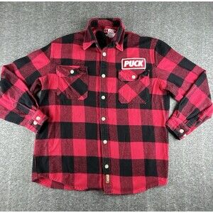 Puck Hcky Flannel Shirt Mens Sz Large Buffalo Plaid Long Sleeve Logo